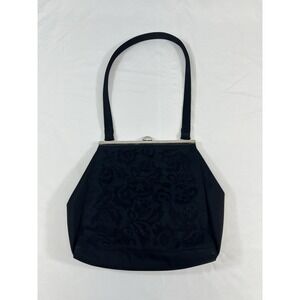 Vintage Style Black Floral Tapestry Clutch Shoulder Bag Satin Frame Purse Kiss L